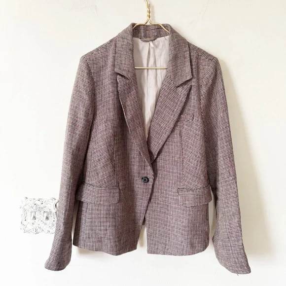 Free People Chess Tweed Houndstooth Plaid Linen One Button Blazer L